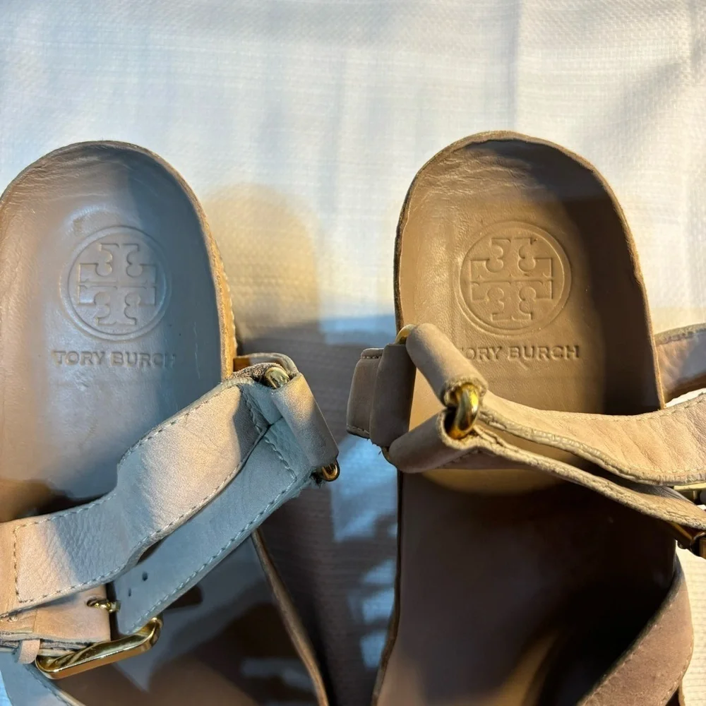 Tory Burch Taupe Leather Wedge Ankle Strap Sandals Size 8.5